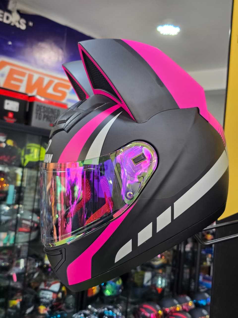 CASCO SOMAN GATO BLACK MATT VISOR IRIDIUM PINK TALLA M