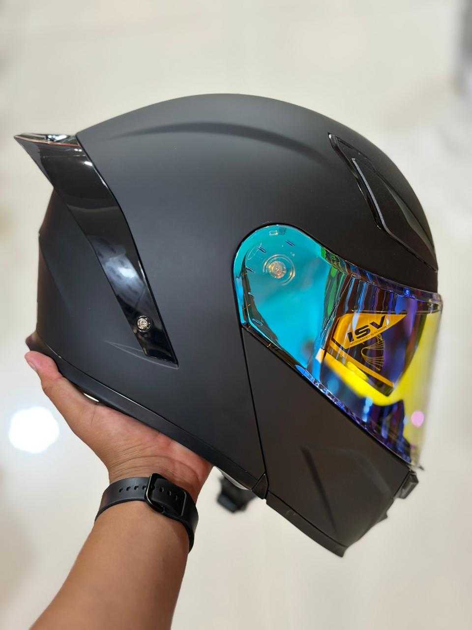 CASCO ABATIBLE SOMAN F2 BLACK MATT VISOR IRIDIUM BLUE TALLA L