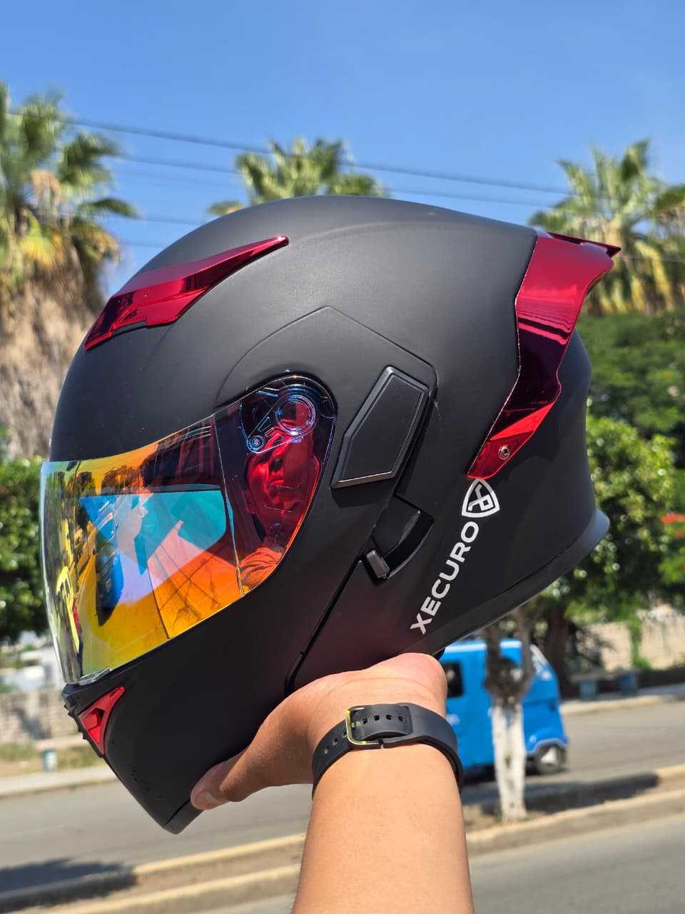 CASCO ABATIBLE XECURO XR920 BLACK RED VISOR IRIDIUM RED TALLA L