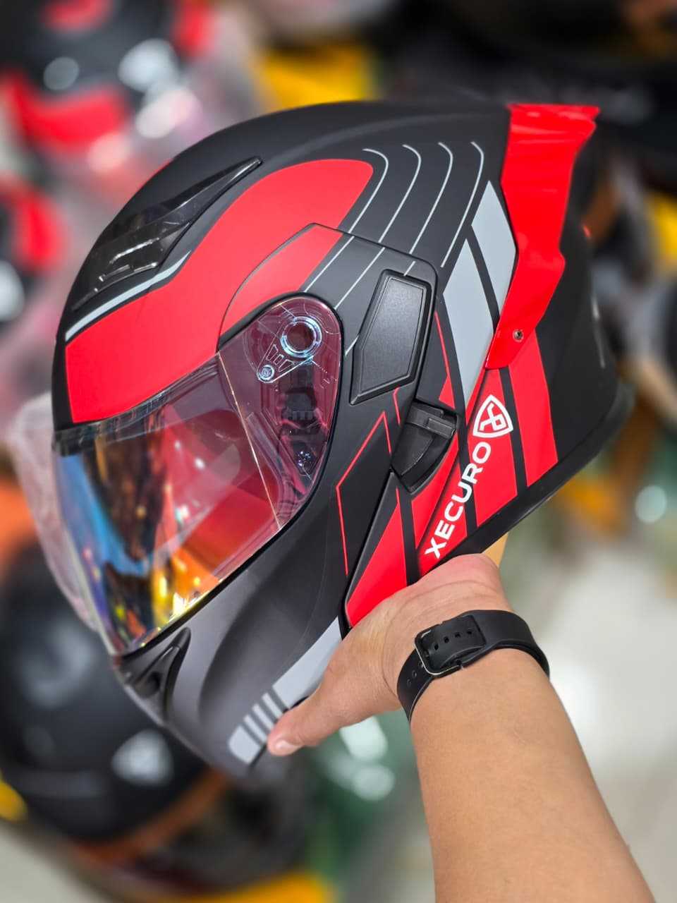 CASCO ABATIBLE XECURO ANFILE RED VISOR IRIDIUM RED TALLA M