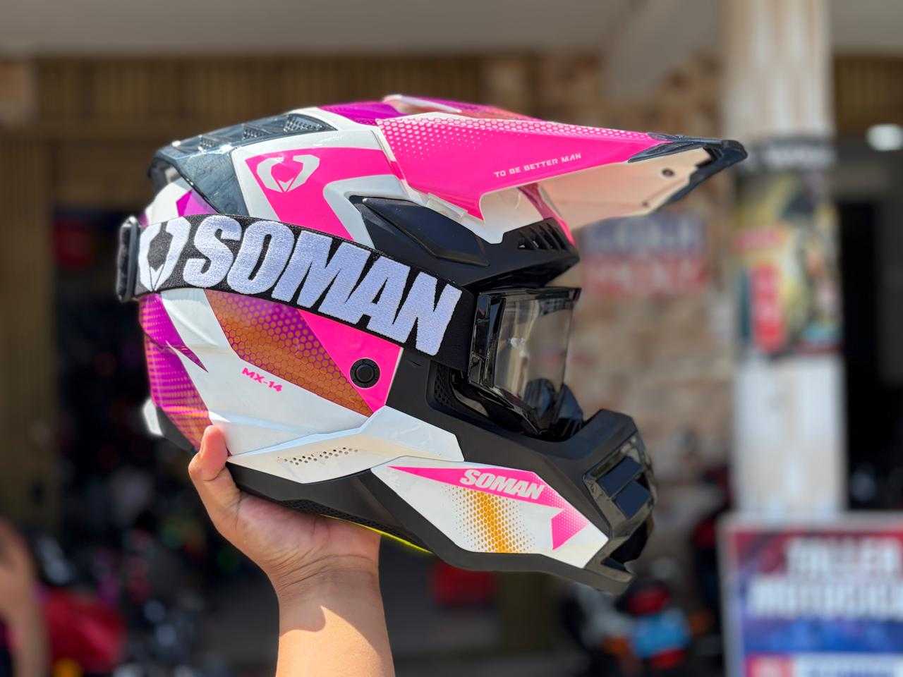 CASCO CROSS SOMAN M14 ROSA BLANCO Y NEGRO TALLA M